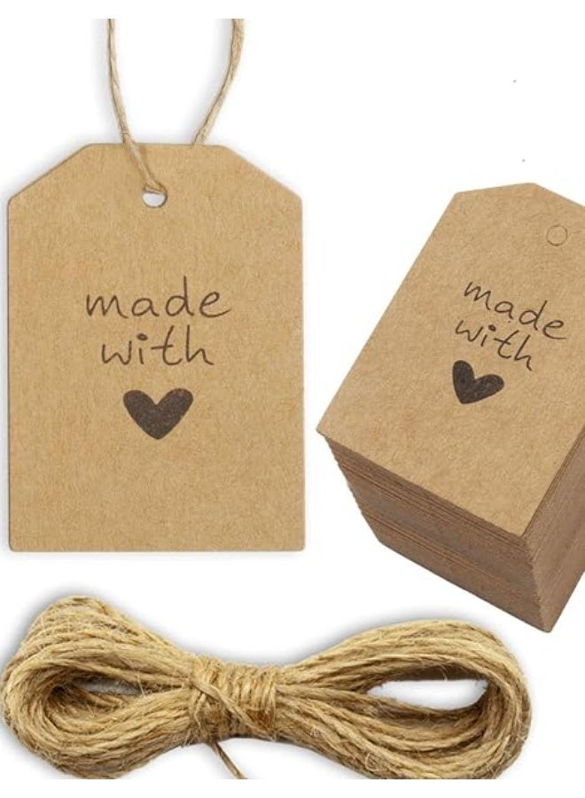 بريميفي كارت من ورق كرافت مقوى طبيعي ملائم كهدية من بريميفي، ملصقات 5.5×4 سم مزينة بـMade with وقلب حب مع خيط من قنب 10 متر ملائمة كهدية للحفلات وحفلات الزفاف وعيد الحب واعياد الميلاد، 100 قطعة، لون بني - Image 1