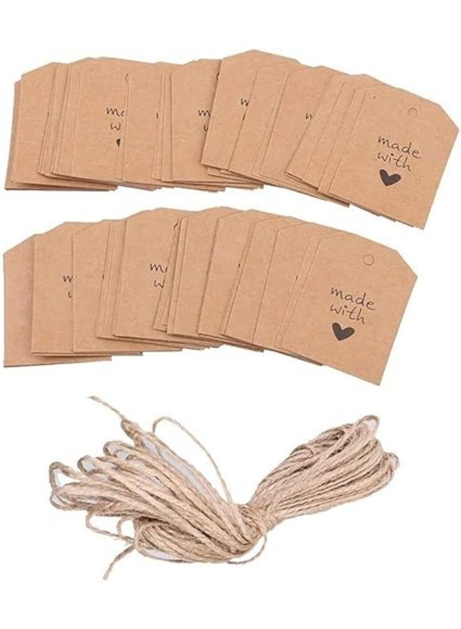 بريميفي كارت من ورق كرافت مقوى طبيعي ملائم كهدية من بريميفي، ملصقات 5.5×4 سم مزينة بـMade with وقلب حب مع خيط من قنب 10 متر ملائمة كهدية للحفلات وحفلات الزفاف وعيد الحب واعياد الميلاد، 100 قطعة، لون بني - Image 5