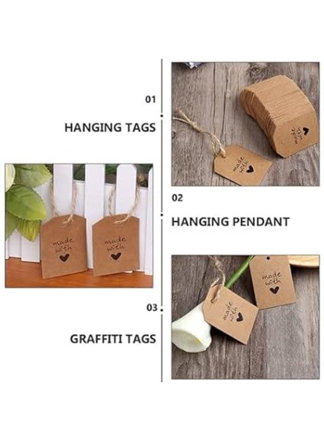 بريميفي كارت من ورق كرافت مقوى طبيعي ملائم كهدية من بريميفي، ملصقات 5.5×4 سم مزينة بـMade with وقلب حب مع خيط من قنب 10 متر ملائمة كهدية للحفلات وحفلات الزفاف وعيد الحب واعياد الميلاد، 100 قطعة، لون بني - Image 2