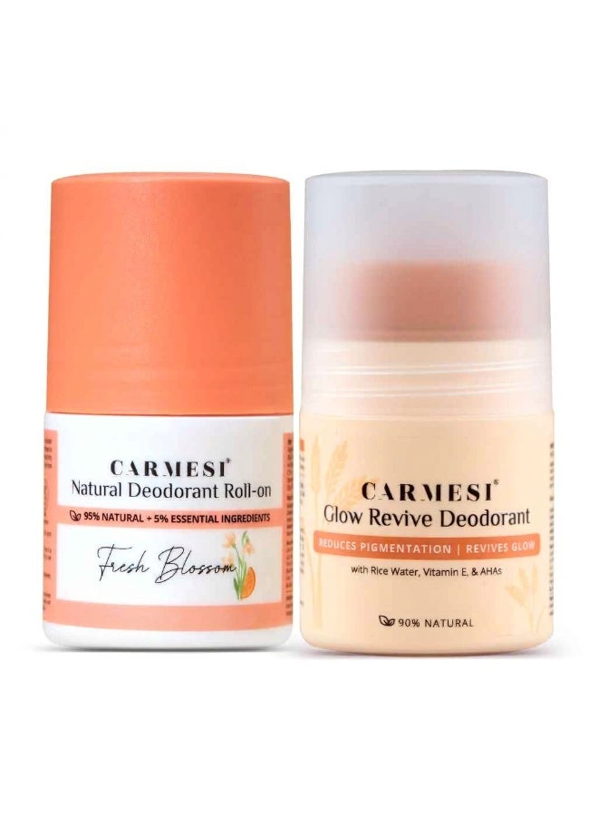 كارميسي مجموعة مزيل العرق الدوار لمنطقة تحت الإبط للنساء من Carmesi - إصداري "Glow Revive" و"Fresh Blossom" (50 مل × 2) | يقلل من التصبغات ويتحكم في الروائح | يحتوي على 2% (وزناً/وزناً) من حمض الساليسيليك - Image 1