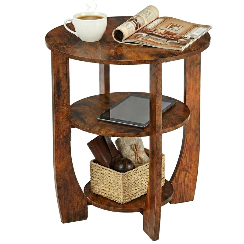 ZEXVIDA Round Side Table, 3-Tier End Table with Storage, 19.7 inch Rustic Brown Accent Table,Nightstand for Bedroom Living Room, Vintage Design for Couch, Sofa, Recliner, Small Space - Image 1
