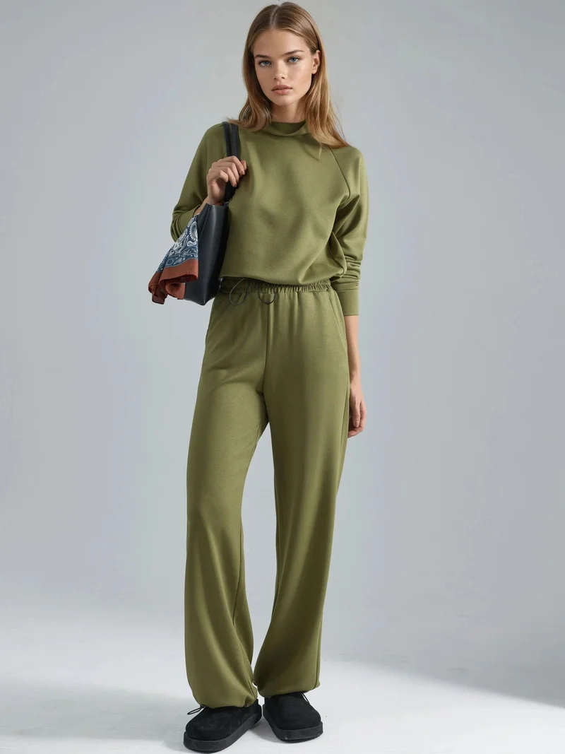 زوبعة بلوزة بياقة نصف عالية مودال لمسة مع بنطلون بخصر مطاطي مجموعة بيرسان