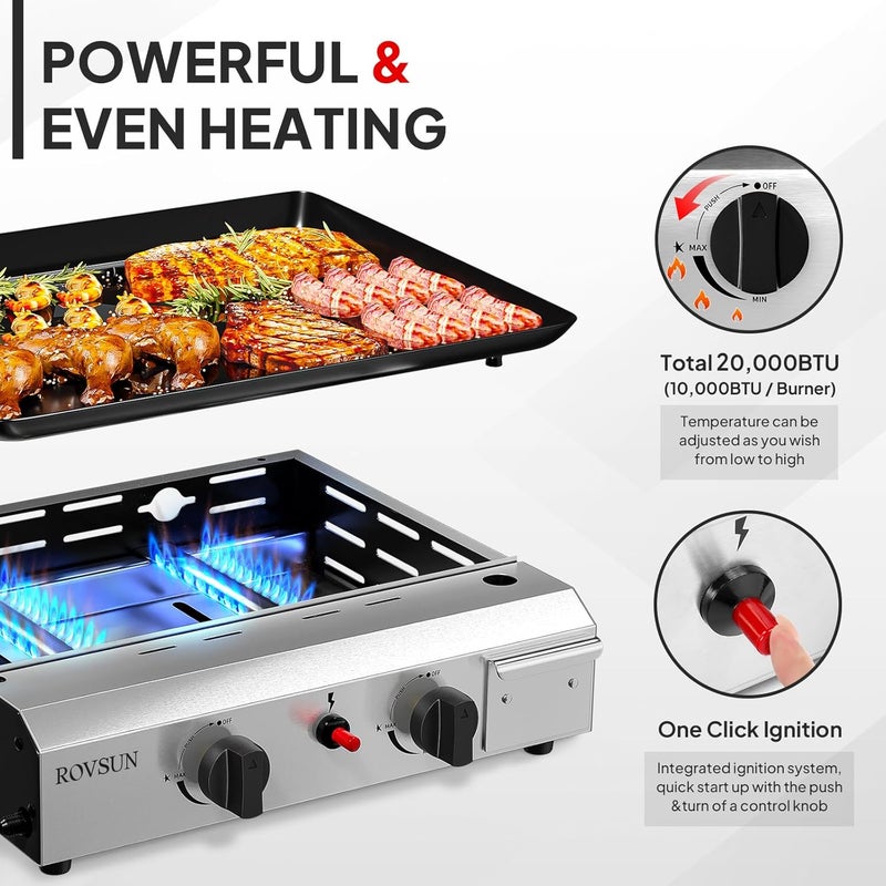 ROVSUN 2 Burner Portable Propane Griddle with Nonstick Enameled Tray, 20,000 BTU Tabletop Flat Top Gas Grill with Electronic Ignition & Regulator for Outdoor Cooking Camping BBQ Tailgating Picnicking - Image 3