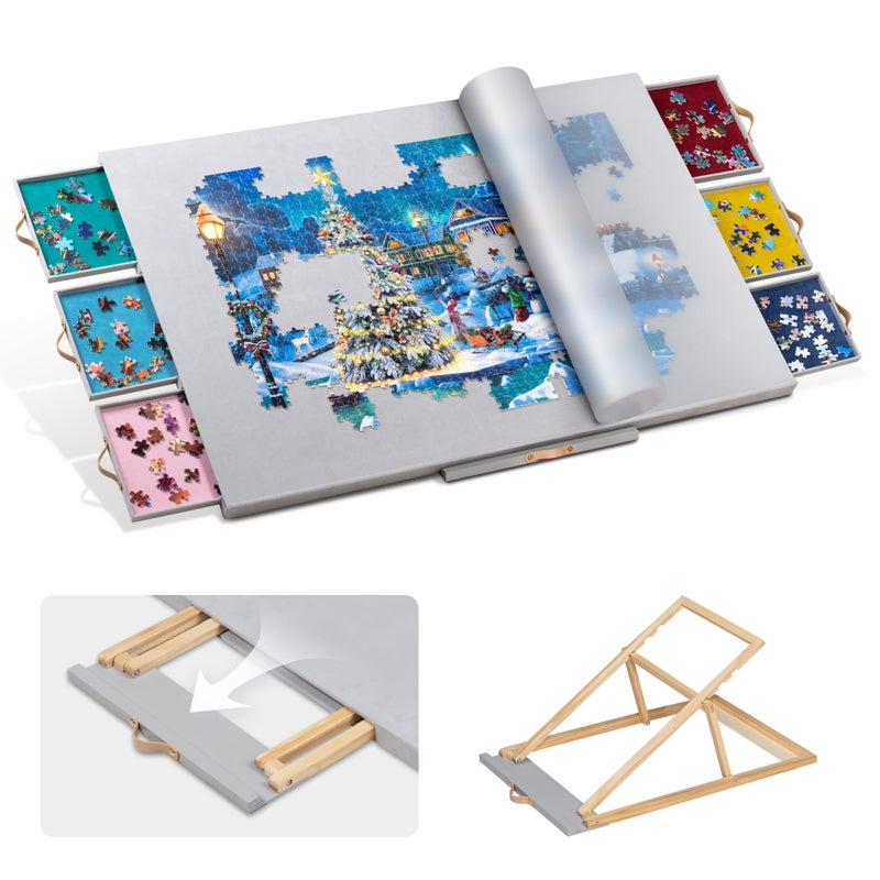 Becko US 1500-pc Tilting Puzzle Board with 6 Colored Drawers & Cover, Flannelette Puzzle Table with Embedded Stand, 3 Tilt Options, Puzzles Boards with Storage & Easel, for 1500 Pieces Puzzles (Gray) - Image 1