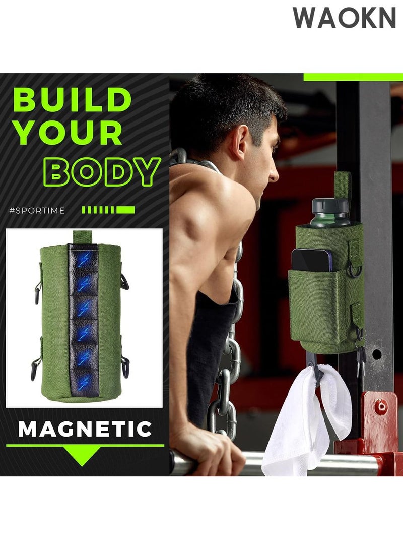 WAOKN Magnetic Water Bottle Holder Gym Water Bottle Carrier Bag with Phone Pocket Water Bottle Pouch Sleeve with Silicone Towel Buckle and Sling for Men Women Gym Accessories Organizer for Gym, Travel-Equipped with 6 magnets and silicone buckle（Green） - Image 4
