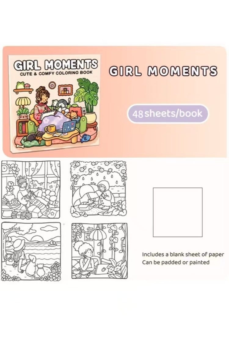  طائرة ورقية كتاب التلوين "لحظات الفتاة" للكبار والمراهقين – نشاط يومي لطيف ومريح للاسترخاء، يضم رسومات ساحرة لفتيات يقرأن مع الحيوانات الأليفة، مثالي لتخفيف التوتر، المساحات الدافئة والهدايا الموسمية - Image 3