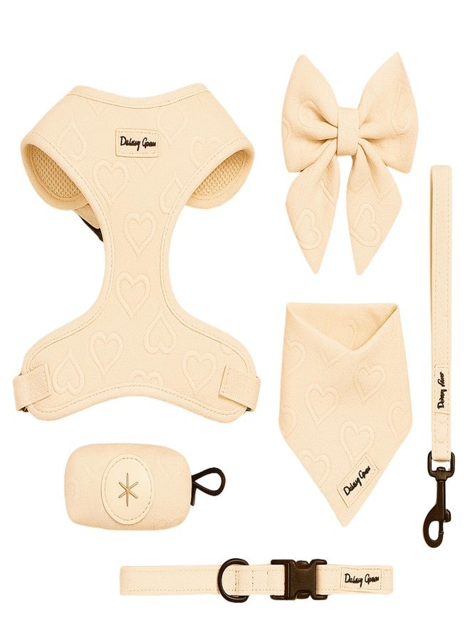Daizzy Gear Medium Dog Harness Set – Cute No Pull, All Weather, Breathable Harness and Leash Set with Collar, Bandana, Sailor Bow & Poop Bag Holder – Adjustable, Soft & Stylish - Cream Hearts on Jacquard Fabric - Image 1