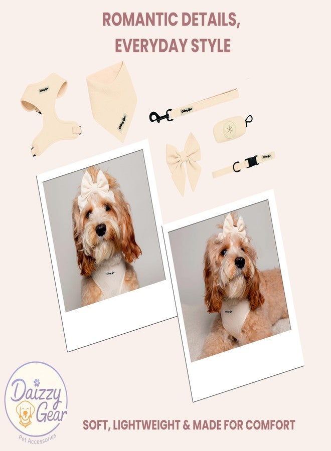 Daizzy Gear Medium Dog Harness Set – Cute No Pull, All Weather, Breathable Harness and Leash Set with Collar, Bandana, Sailor Bow & Poop Bag Holder – Adjustable, Soft & Stylish - Cream Hearts on Jacquard Fabric - Image 4