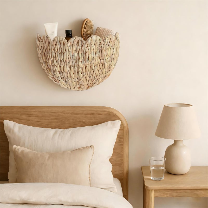 Quincry Scalloped Hanging Wicker Baskets for Wall, Scalloped Home Decor, Hanging Woven Rattan Wall Basket for Flowers Front Door Bathroom Storage (Water Hyacinth 1PC) - Image 3