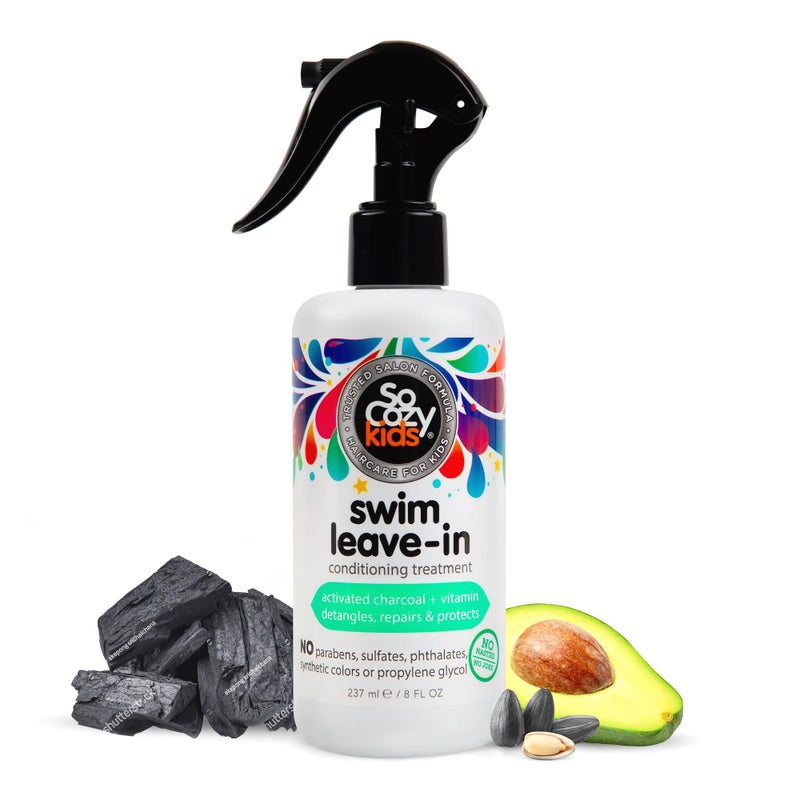 SO COZY SoCozy Swim Leave In Conditioner Spray & Treatment for Kids Hair (8 Fl Oz) Protects & Repairs Pool, Sun & Salt Damaged Hair, Gentle Formula with Activated Charcoal, Vitamin B5 & Sunflower Seed Extract - Image 1