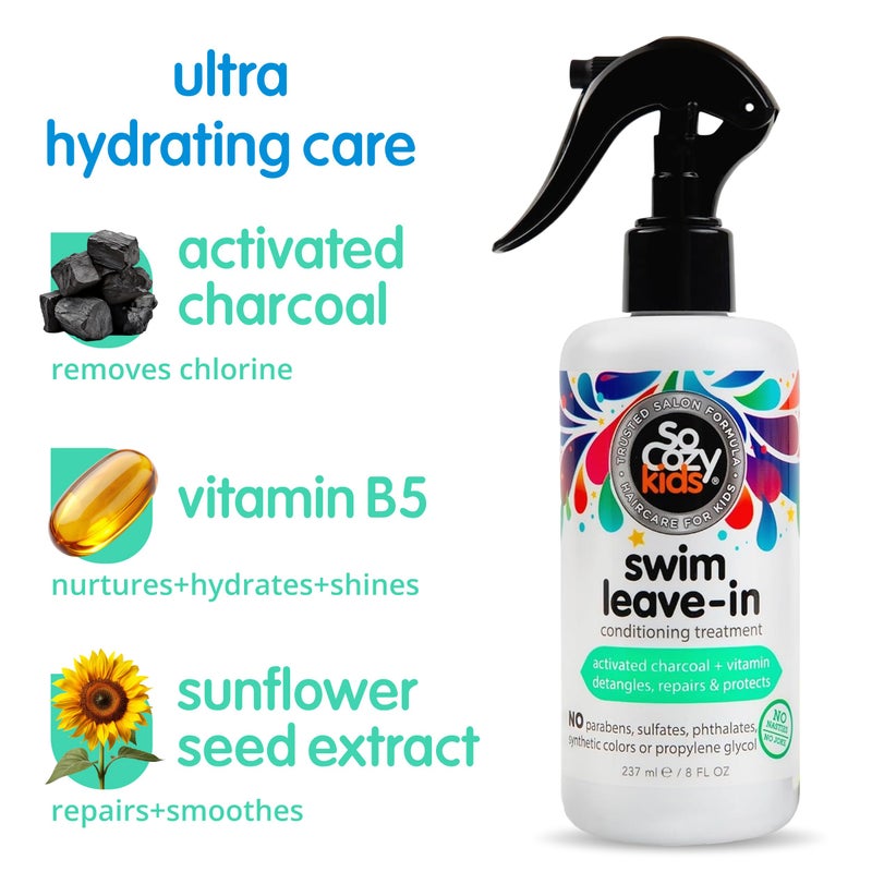 SO COZY SoCozy Swim Leave In Conditioner Spray & Treatment for Kids Hair (8 Fl Oz) Protects & Repairs Pool, Sun & Salt Damaged Hair, Gentle Formula with Activated Charcoal, Vitamin B5 & Sunflower Seed Extract - Image 4