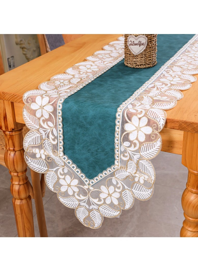Dominy Lace Table Runner, Waterproof Oil-Proof PU Leather Table Runner with Exquisite Lace, for Dining, Wedding, Shower, Party (Teal, 40x180cm)  - Image 1