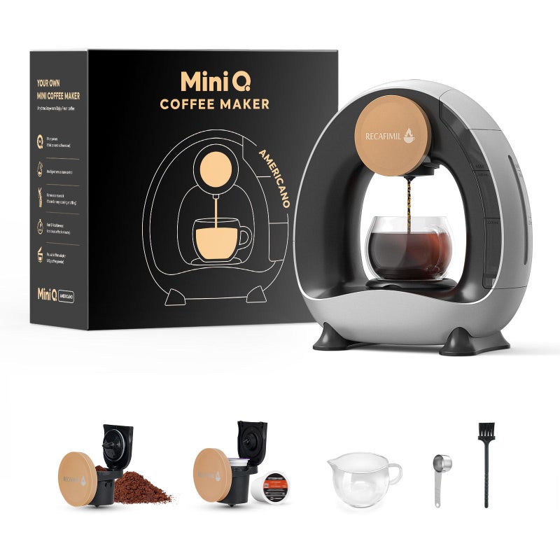 RECAFIMIL MINI Q 2-in-1 Single Serve Coffee Maker - Brew K-Cups or Ground Coffee (4-8 oz) - Compact Americano Coffee Brewer with Reusable Filter (Grey) - Image 1