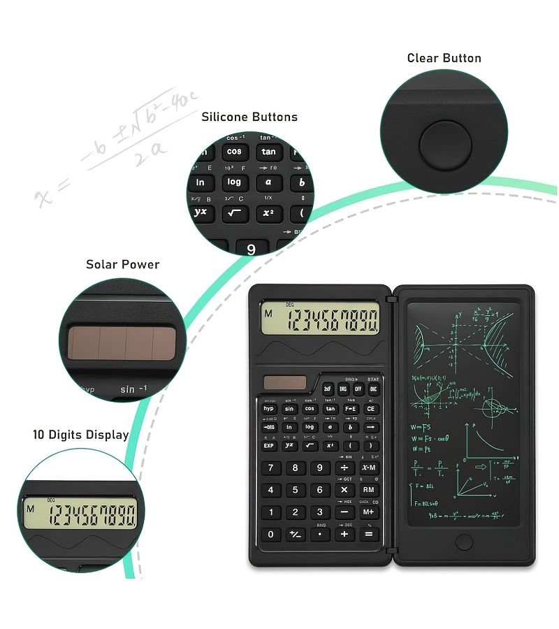 Scientific Calculator 10 Digit LCD Solar Battery Dual Power With Erasable Handwriting Tablet Foldable Design For Office Teaching Students Engineers Black - Image 5