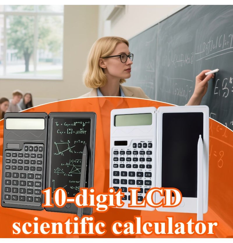 Scientific Calculator 10 Digit LCD Solar Battery Dual Power With Erasable Handwriting Tablet Foldable Design For Office Teaching Students Engineers Black - Image 1