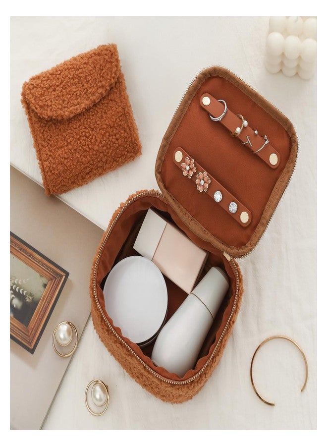 HOMEHIVE Travel Jewelry Case, 2-In-1 Small Jewelry Organizer Travel Jewelry Storage with Foldable Jewelry Roll for Earrings Rings Makeup, Travel Essentials Gifts for Women Girl, Toffee - Image 1