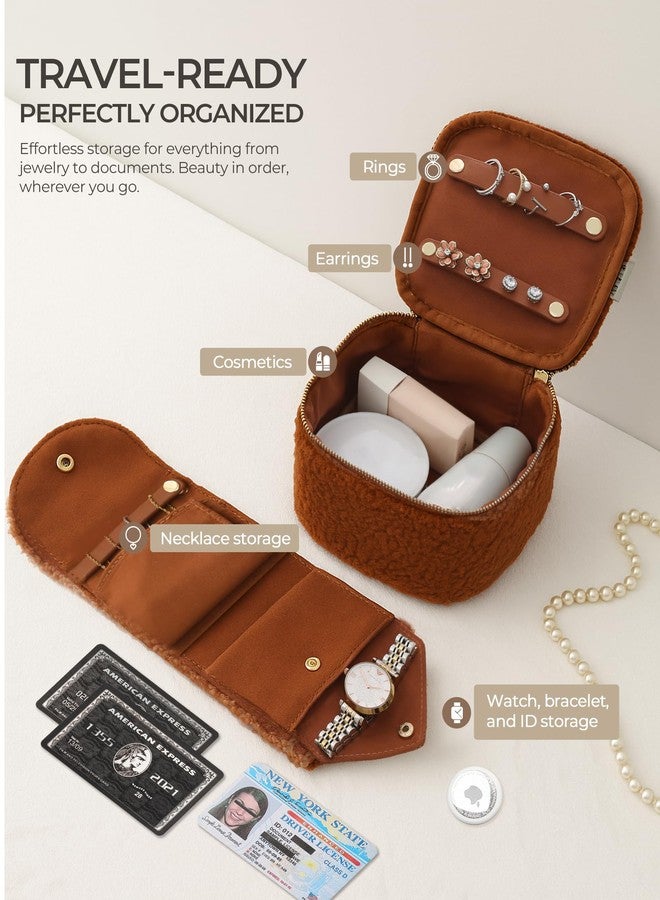 HOMEHIVE Travel Jewelry Case, 2-In-1 Small Jewelry Organizer Travel Jewelry Storage with Foldable Jewelry Roll for Earrings Rings Makeup, Travel Essentials Gifts for Women Girl, Toffee - Image 4