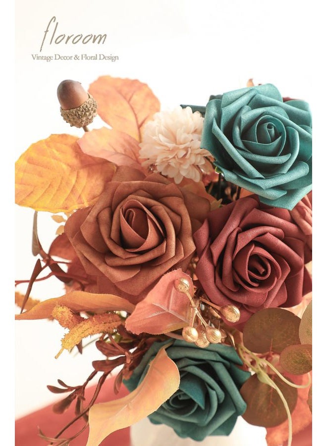 Floroom Artificial Flowers 25pcs Real Looking Teal Green Terracotta Ombre Colors Foam Fake Roses with Stems for DIY Wedding Bouquets Bridal Shower Centerpieces Floral Arrangements Tables Decoration - Image 4