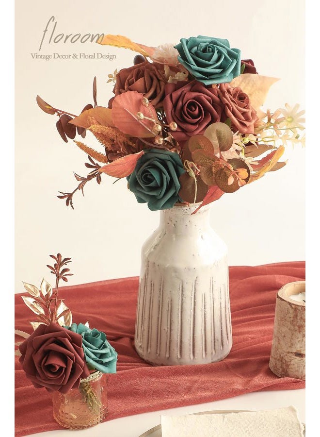 Floroom Artificial Flowers 25pcs Real Looking Teal Green Terracotta Ombre Colors Foam Fake Roses with Stems for DIY Wedding Bouquets Bridal Shower Centerpieces Floral Arrangements Tables Decoration - Image 3