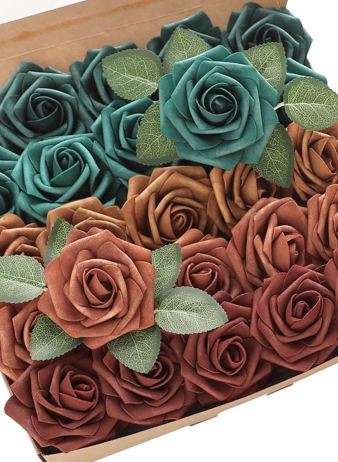 Floroom Artificial Flowers 25pcs Real Looking Teal Green Terracotta Ombre Colors Foam Fake Roses with Stems for DIY Wedding Bouquets Bridal Shower Centerpieces Floral Arrangements Tables Decoration - Image 1