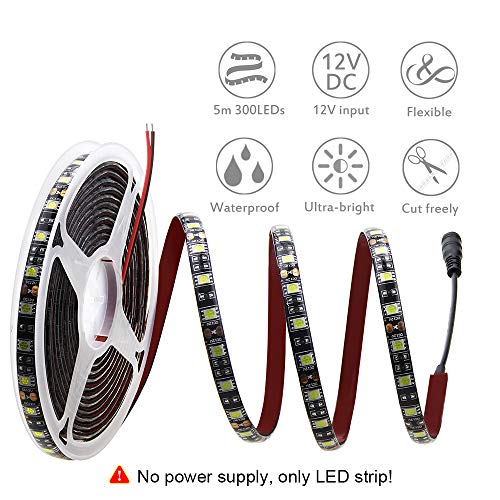 ALITOVE 16.4ft 5050 SMD Black PCB Cool White LED Flexible Strip Ribbon Light 5M 300 LEDs Waterproof IP65 DC 12V for Home Garden Commercial Area Lighting - Image 2
