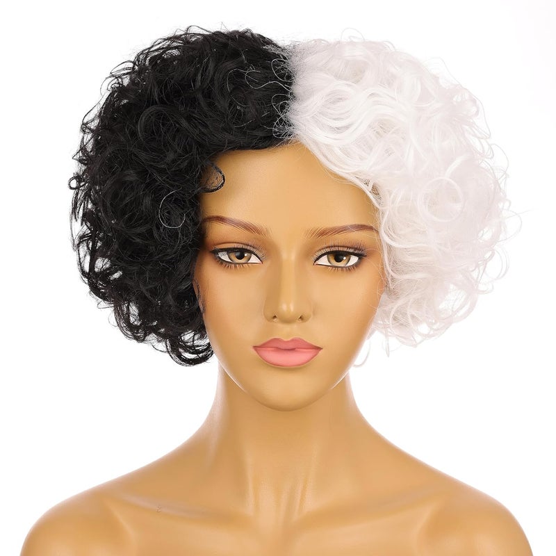Onedor Women's Iconic Dual-Tone Short Curly Wig – Striking Black & White Synthetic Hair for Dramatic Themed Events (Style 1)