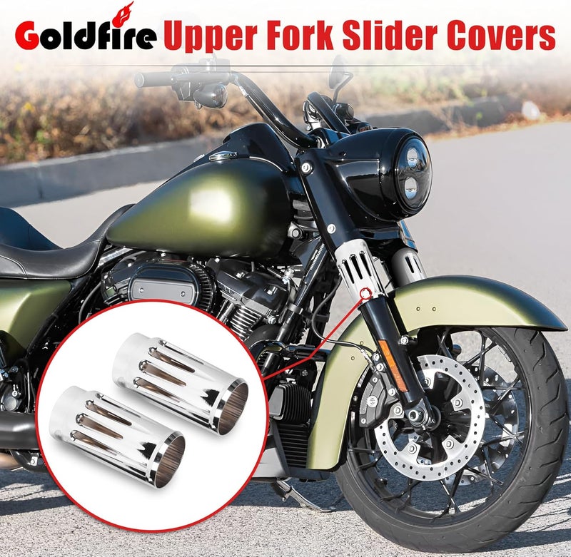 Goldfire Upper Fork Slider Covers Billet Fork Boot Slider Protective Shells Fit For Harley FLT FLHR FLHX FLHT COW Bells Touring Street Glide 1986-2019 Accessorie (Chrome Style) - Image 2