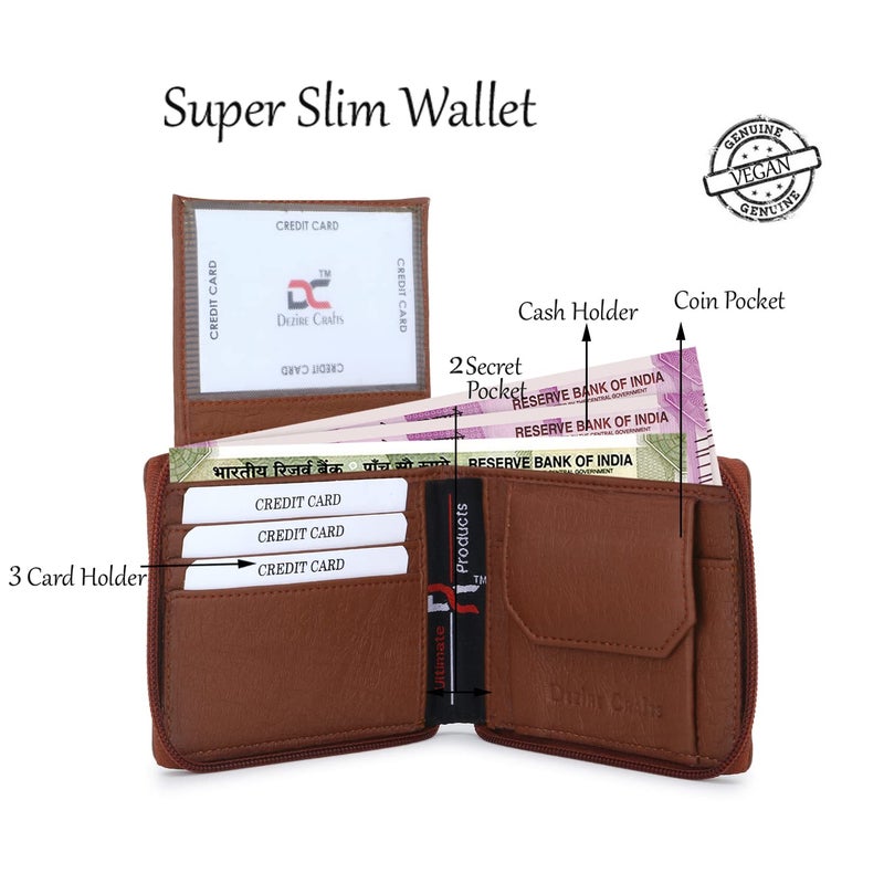 Dezire Crafts Men Formal, Casual Round Zip Artificial Leather Wallet (6 Card Slots) (Tan) - Image 5