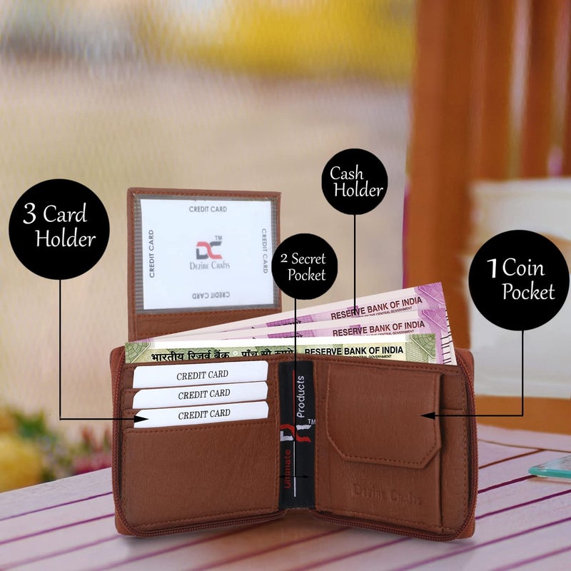 Dezire Crafts Men Formal, Casual Round Zip Artificial Leather Wallet (6 Card Slots) (Tan) - Image 2