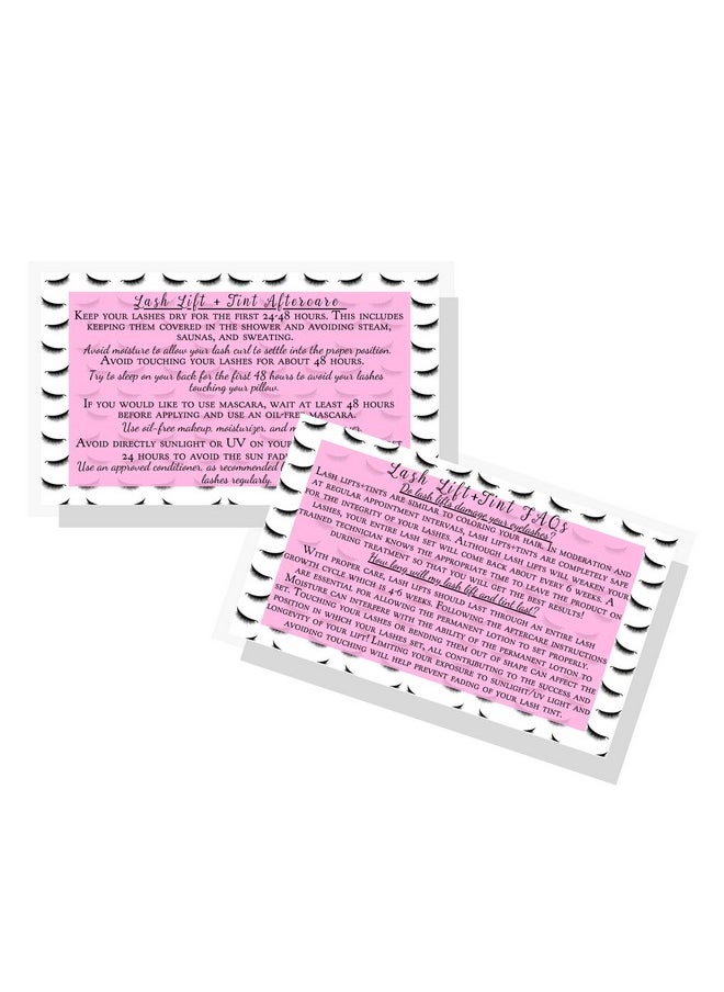 Boutique Marketing LLC Lash Lift + Tint Aftercare Instruction Cards ; 50 Pack ; 2 X 3.5” Inches Business Card Size ; Eyelash Lift And Tint Kit At Home Diy Aftercare Supplies ; Lash Print With Pink Inlay Design  - Image 2