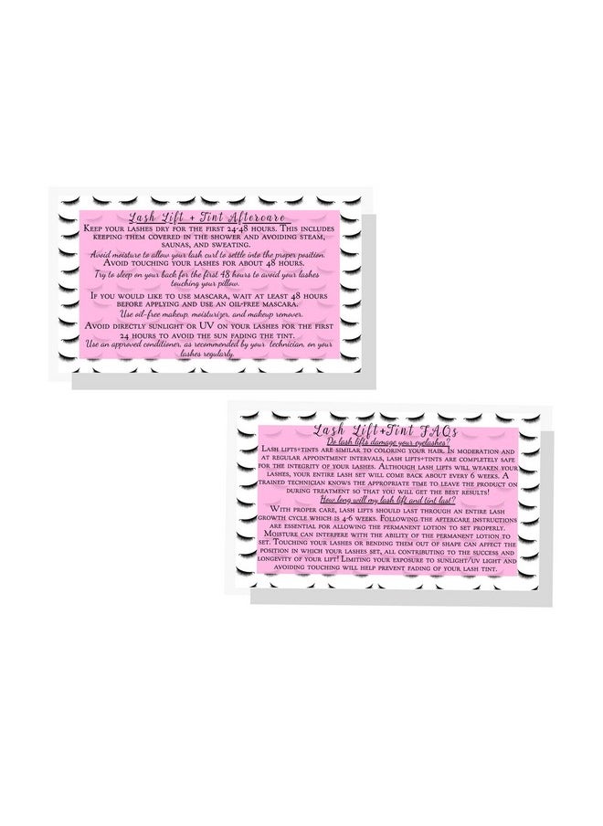 Boutique Marketing LLC Lash Lift + Tint Aftercare Instruction Cards ; 50 Pack ; 2 X 3.5” Inches Business Card Size ; Eyelash Lift And Tint Kit At Home Diy Aftercare Supplies ; Lash Print With Pink Inlay Design  - Image 3