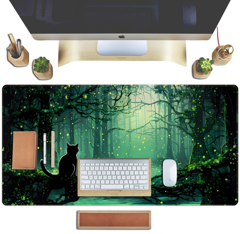 TENG DA QING Kawaii Green Forest Desk Pad Mouse Pad Cute Black Cat Desk Mat, XXL Extended Anime Cats Large Gaming Mousepad, Computer Keyboard and Mouse Deskpad Decor Deskmat with Stitched Edges Mat 31.5x15.7 in - Image 4
