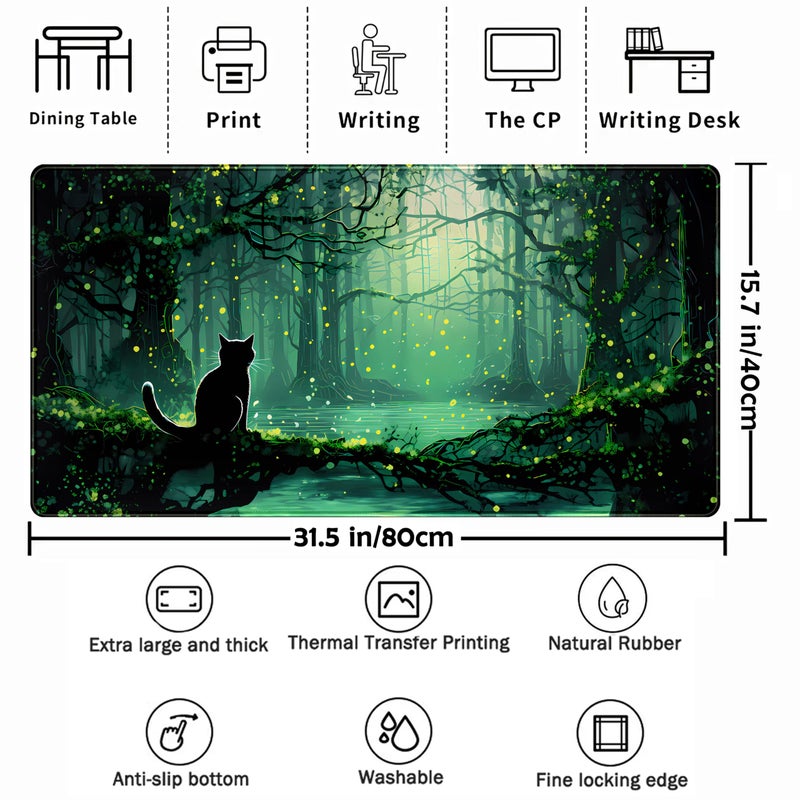 TENG DA QING Kawaii Green Forest Desk Pad Mouse Pad Cute Black Cat Desk Mat, XXL Extended Anime Cats Large Gaming Mousepad, Computer Keyboard and Mouse Deskpad Decor Deskmat with Stitched Edges Mat 31.5x15.7 in - Image 2