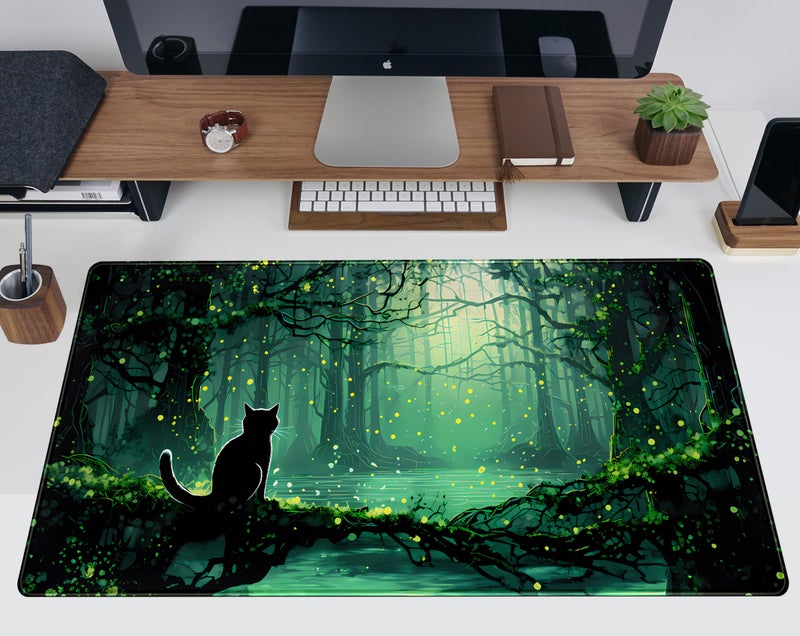 TENG DA QING Kawaii Green Forest Desk Pad Mouse Pad Cute Black Cat Desk Mat, XXL Extended Anime Cats Large Gaming Mousepad, Computer Keyboard and Mouse Deskpad Decor Deskmat with Stitched Edges Mat 31.5x15.7 in - Image 5