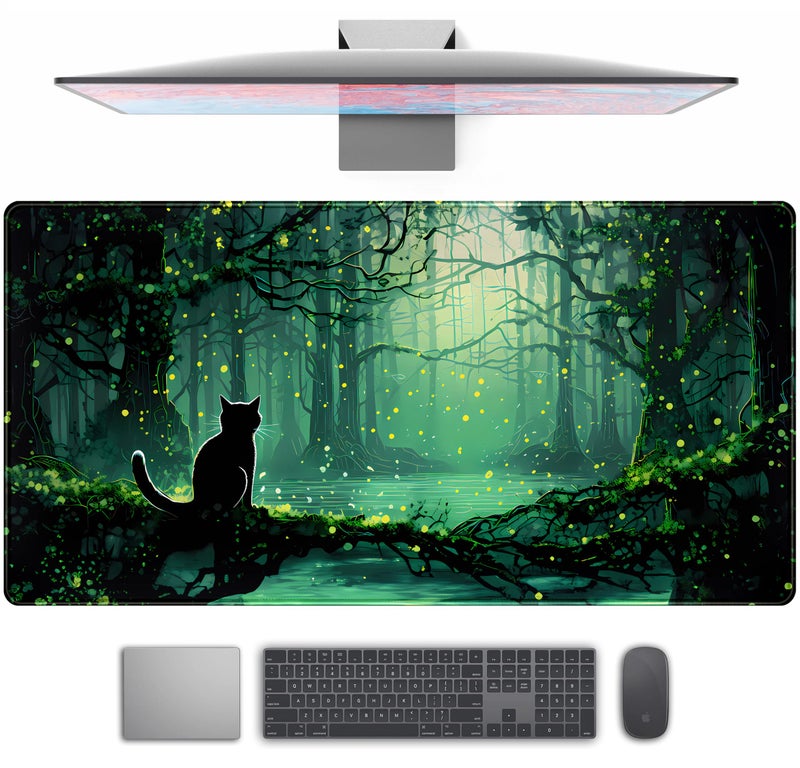 TENG DA QING Kawaii Green Forest Desk Pad Mouse Pad Cute Black Cat Desk Mat, XXL Extended Anime Cats Large Gaming Mousepad, Computer Keyboard and Mouse Deskpad Decor Deskmat with Stitched Edges Mat 31.5x15.7 in - Image 1