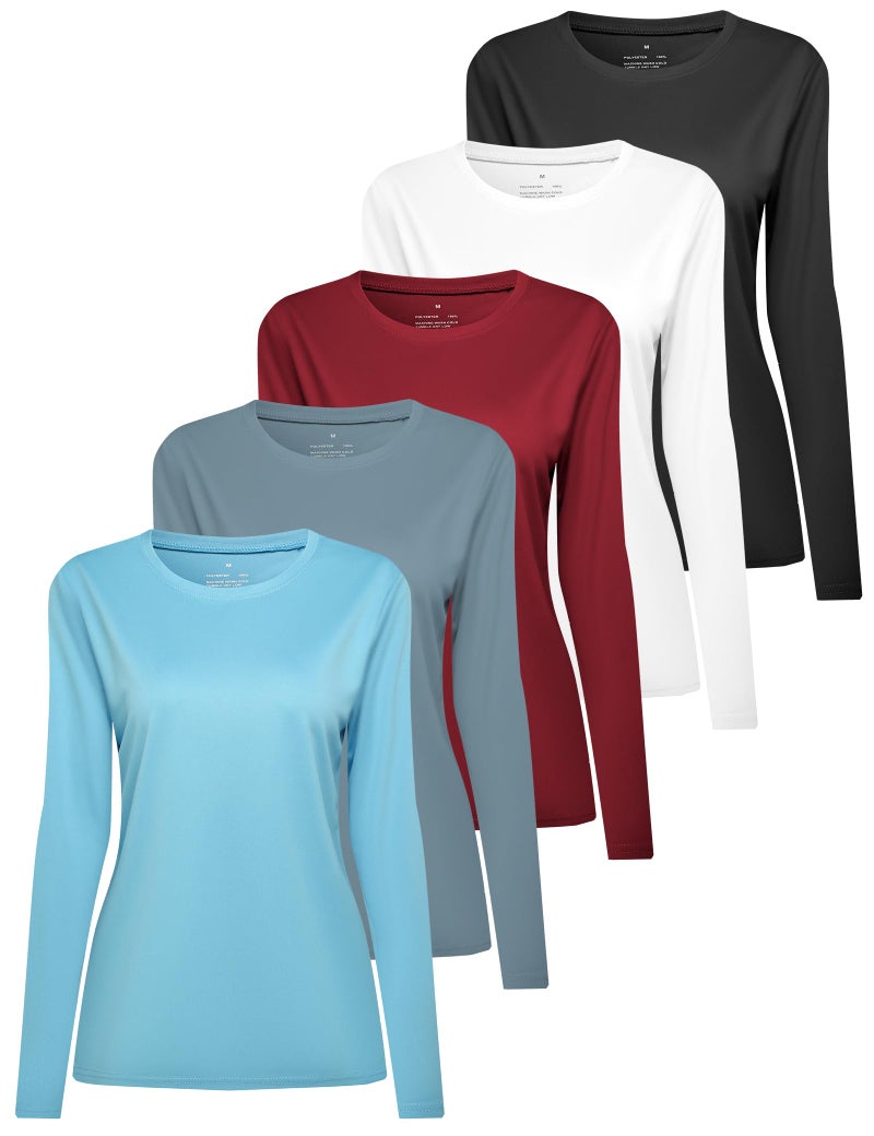 HovSiyla 5 Pack Women Long Sleeve Shirts Running UV Rash Guard Casual Tops Sun Protection Workout Hiking T Shirts for Women Black Grey White Azure Burgundy Medium - Image 1