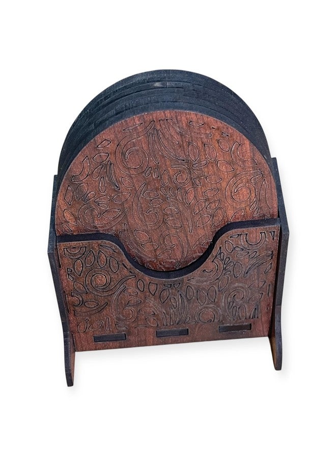 Nishomes Wooden Coaster Set with Holder, 6 Pieces, Brown, Engraved Floral Design - Image 3
