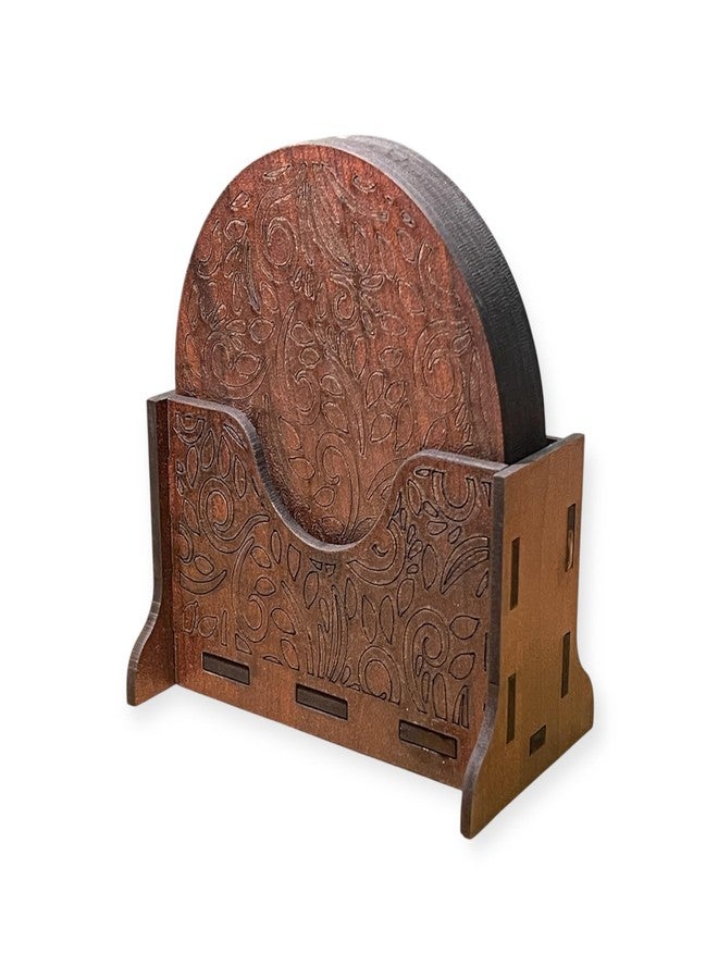 Nishomes Wooden Coaster Set with Holder, 6 Pieces, Brown, Engraved Floral Design - Image 2