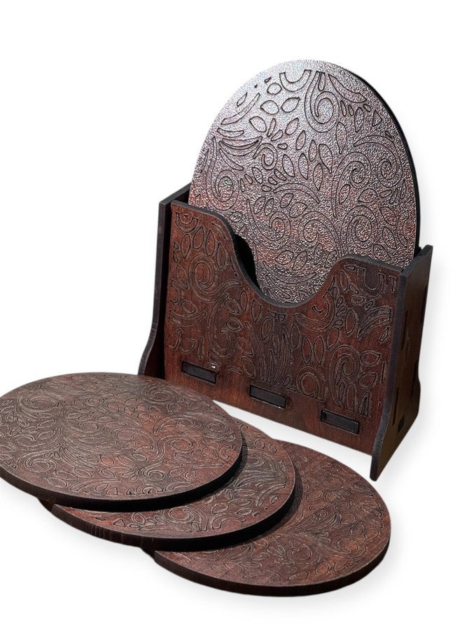 Nishomes Wooden Coaster Set with Holder, 6 Pieces, Brown, Engraved Floral Design - Image 4