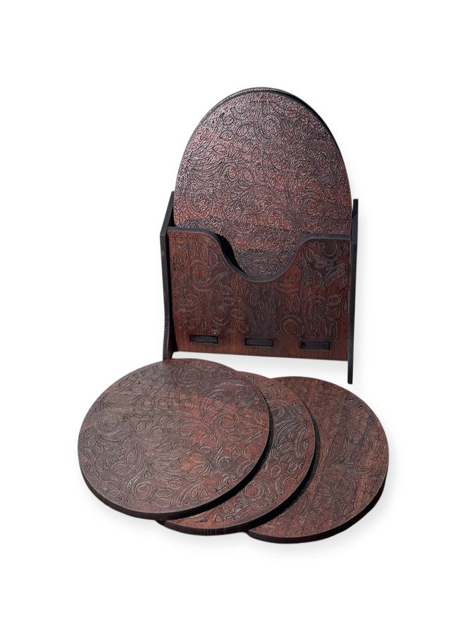 Nishomes Wooden Coaster Set with Holder, 6 Pieces, Brown, Engraved Floral Design - Image 5
