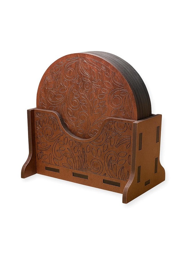 Nishomes Wooden Coaster Set with Holder, 6 Pieces, Brown, Engraved Floral Design - Image 1