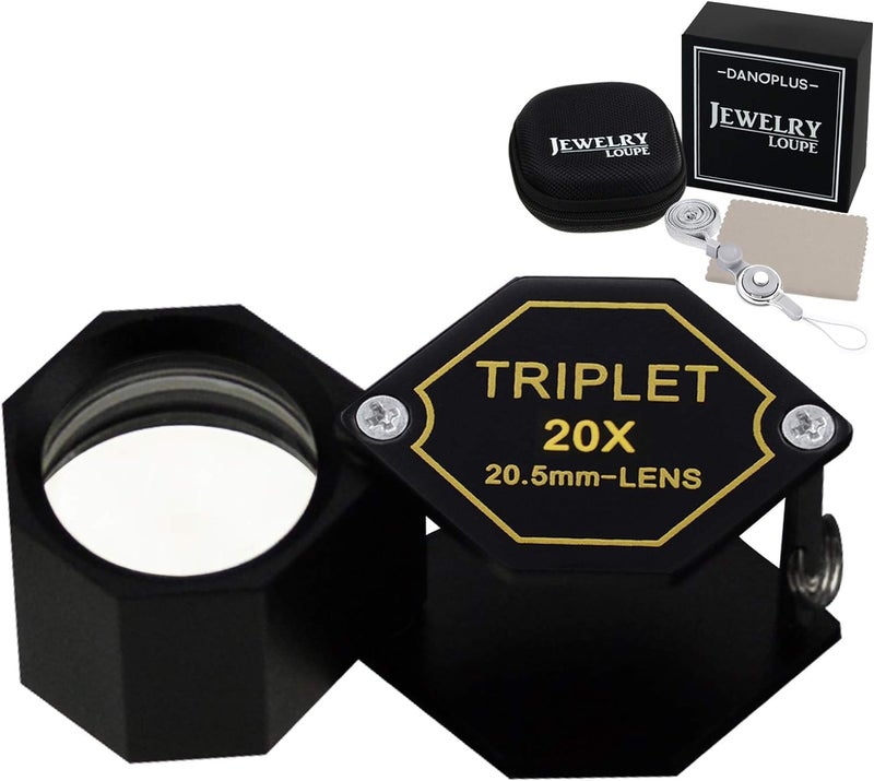 DANOPLUS 20x Magnifier Jewelry Loupe Triplet Lens 20.5mm Optical Glass Pocket Gem Magnifying Tool for Jeweler, Stamp Philatelist, Coin numismatic, Achromatic Black Hexagonal Design Kit Set - Image 1