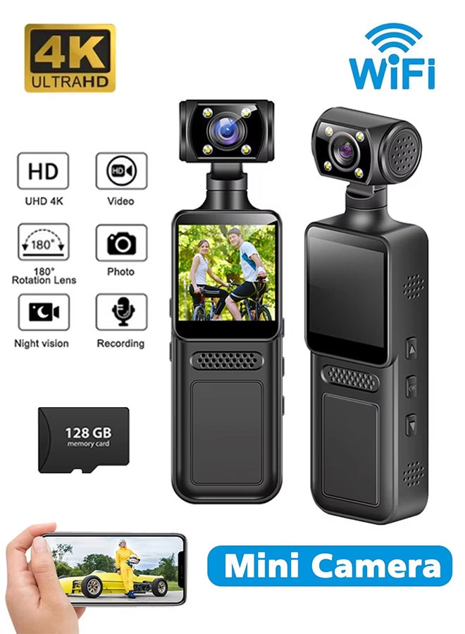 4K Ultra HD Action Camera, 180° Rotating WiFi Camera, Free 128GB Memory Card, Night Vision Wearable Camera, Rotatable Outdoor Video Recorder, Suitable for Sports Cycling Tour, VLOG, Travel Hiking  - Image 1