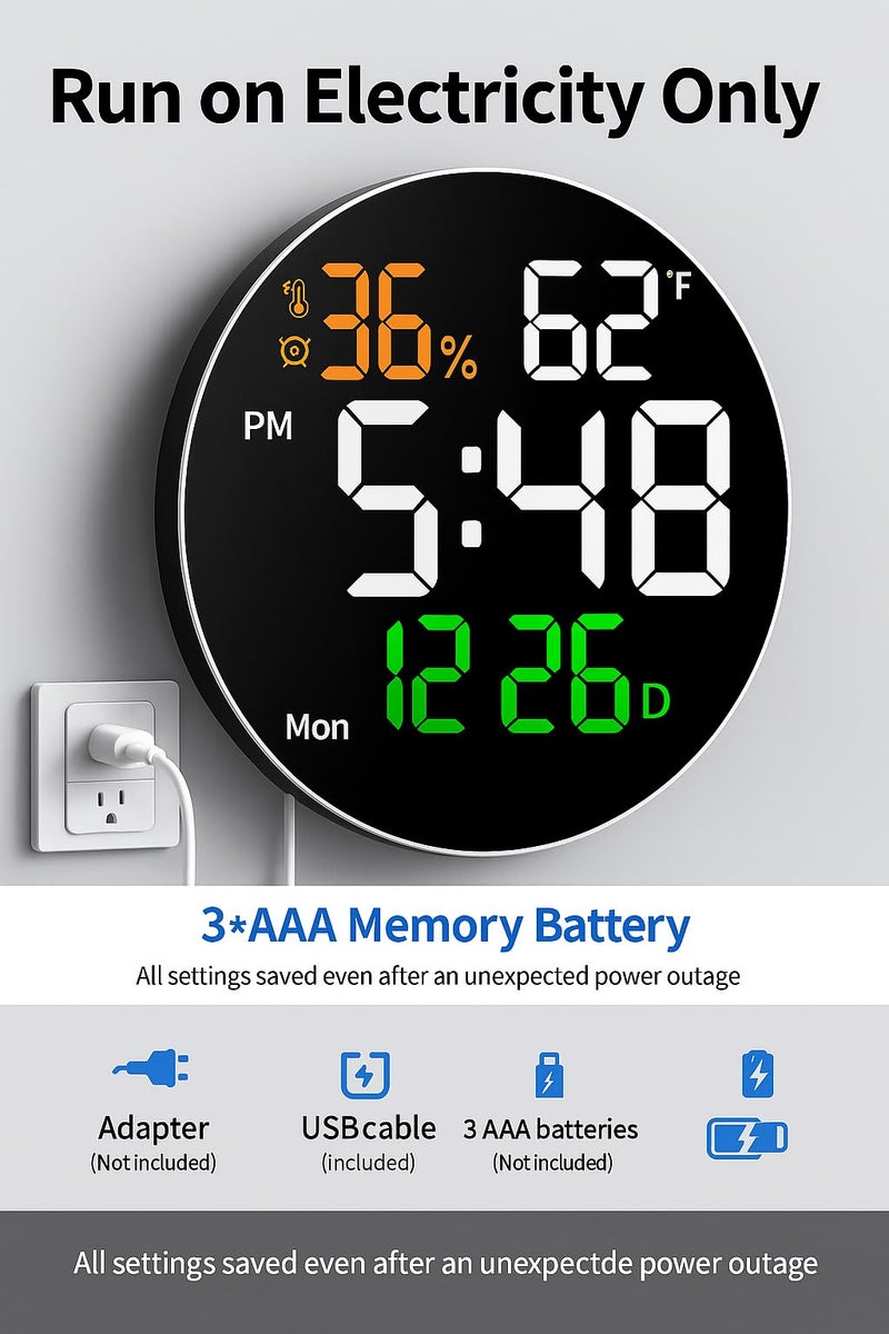 CBK Digital Alarm Wall Clock 10" Large with Remote Control, Temp, Humidity, Dual Alarms, Living Room Décor/Gym/Garage, Gift for Elderly (Big Round Wall Clock)(Font Colour May Vary) - Image 3