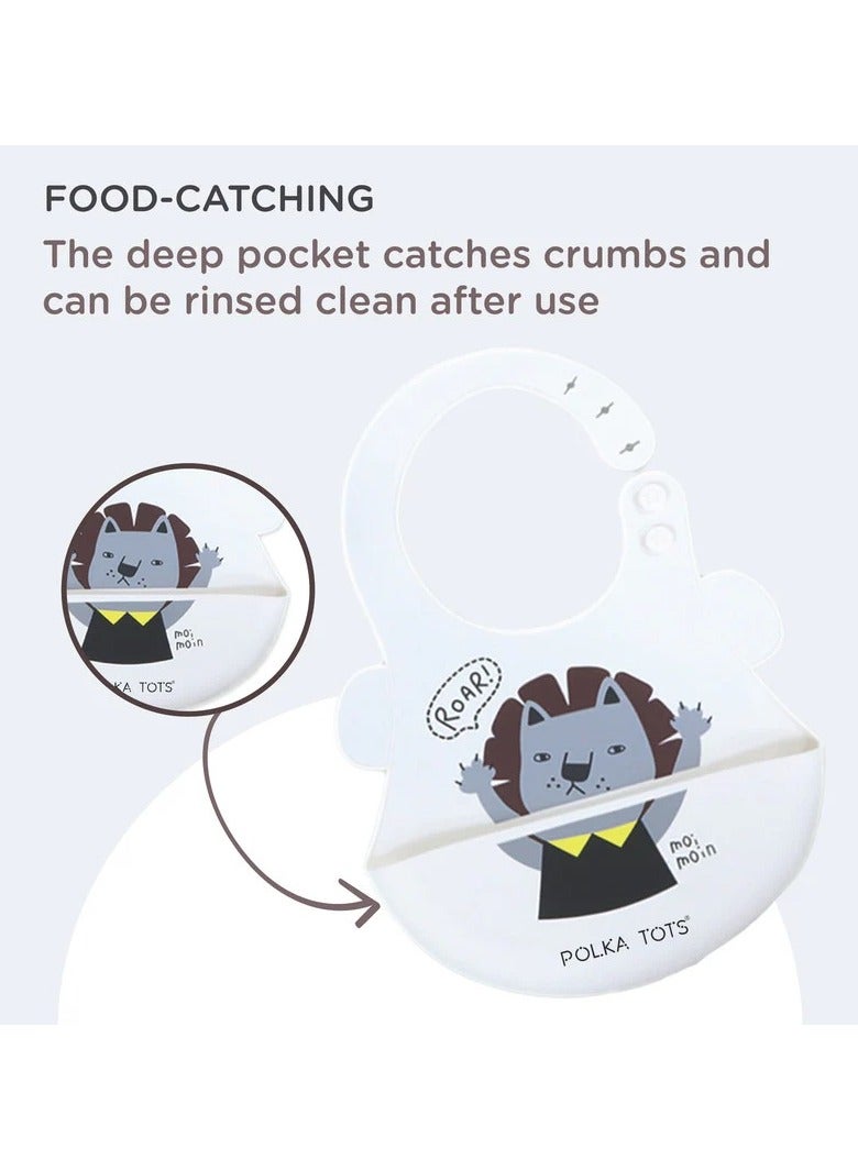 بولكاتوتس مريلة من السيليكون مقاومة للماء من Polka Tots مع جيب وأزرار كبس قابلة للتعديل - أسد - Image 4