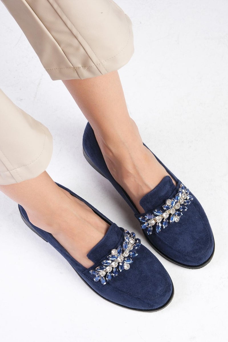Mio Gusto Matilda Navy Blue Color Stone Women's Oxford Flat Shoes  - Image 1