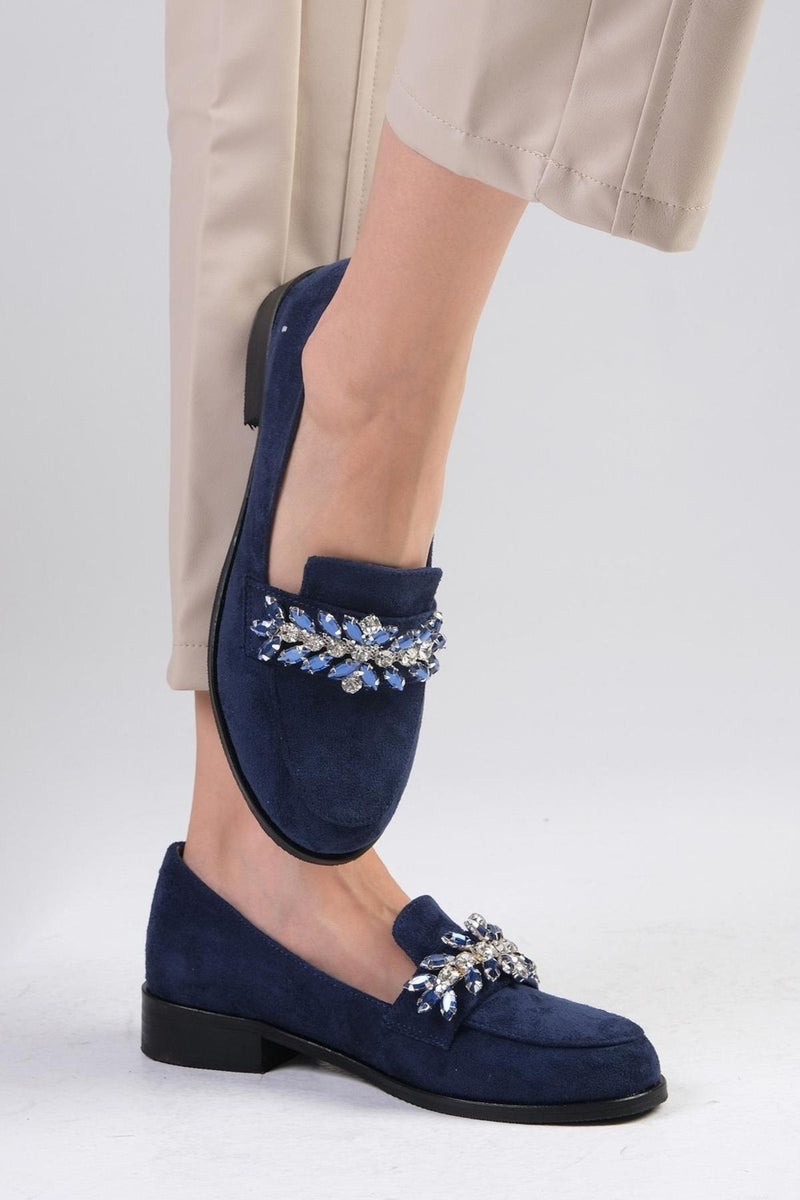 Mio Gusto Matilda Navy Blue Color Stone Women's Oxford Flat Shoes  - Image 4