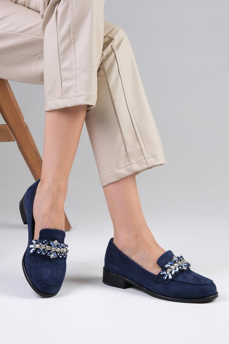 Mio Gusto Matilda Navy Blue Color Stone Women's Oxford Flat Shoes  - Image 3