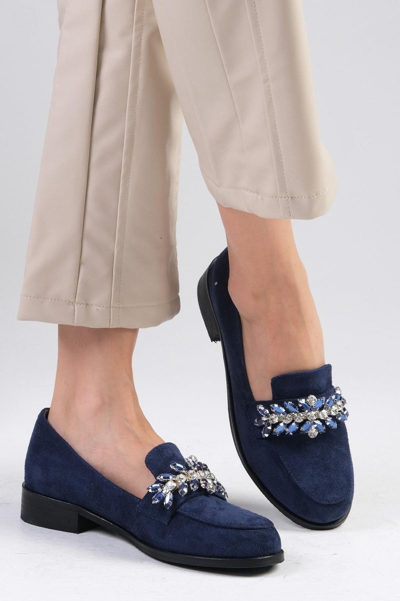 Mio Gusto Matilda Navy Blue Color Stone Women's Oxford Flat Shoes  - Image 2