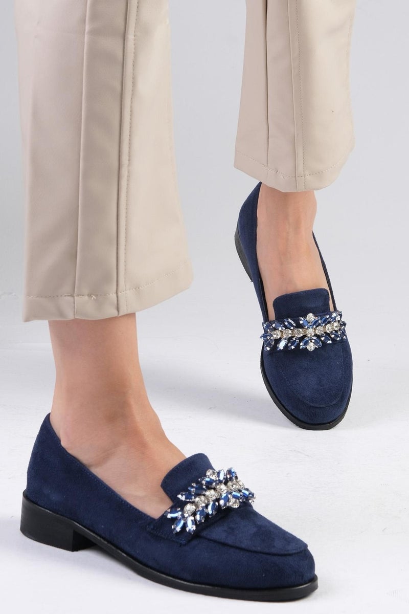 Mio Gusto Matilda Navy Blue Color Stone Women's Oxford Flat Shoes  - Image 5